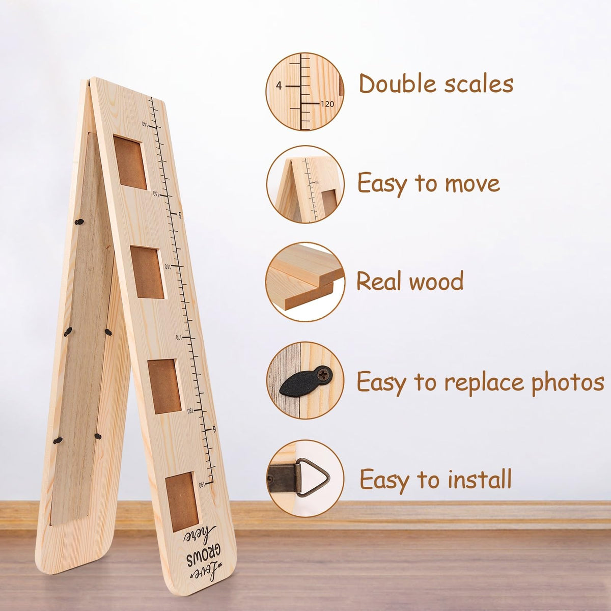 Garybank Solid Wood Growth Chart for Kids with Picture Frames, Height Measurement Ruler Milestone Markers, Foldable Kids Height Wall Chart, Christmas Keepsake Gift for Toddler Boy Girl Room Wall Decor