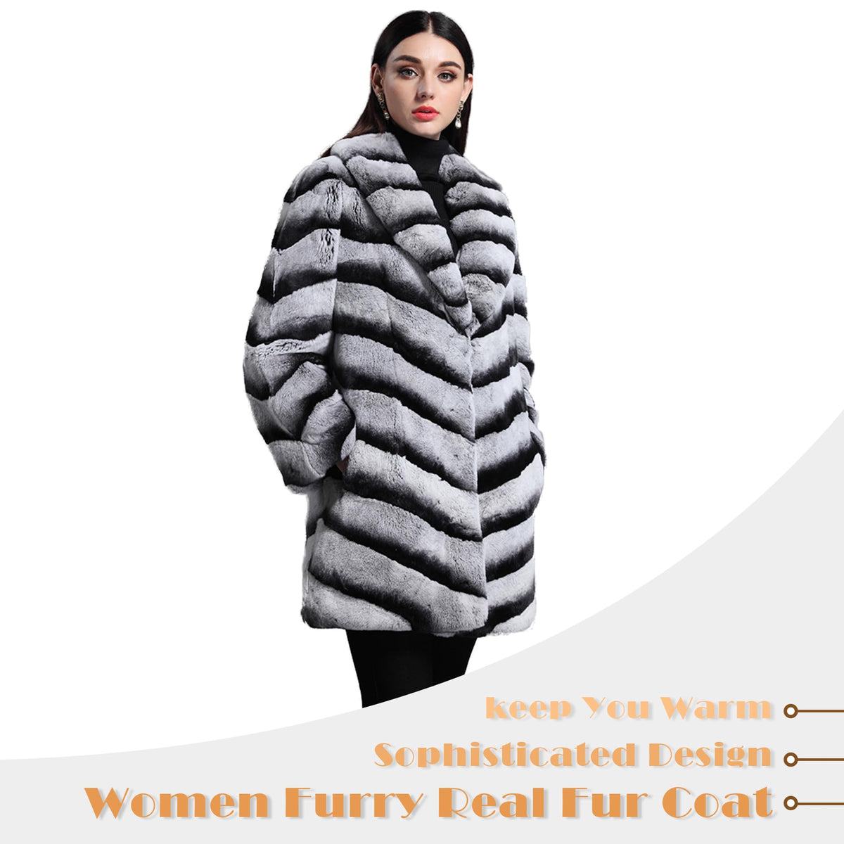 Women's Real Rex Rabbit Fur Coat Furry Long Jacket Winter Warm Stripes Outerwear Turn-down Collar