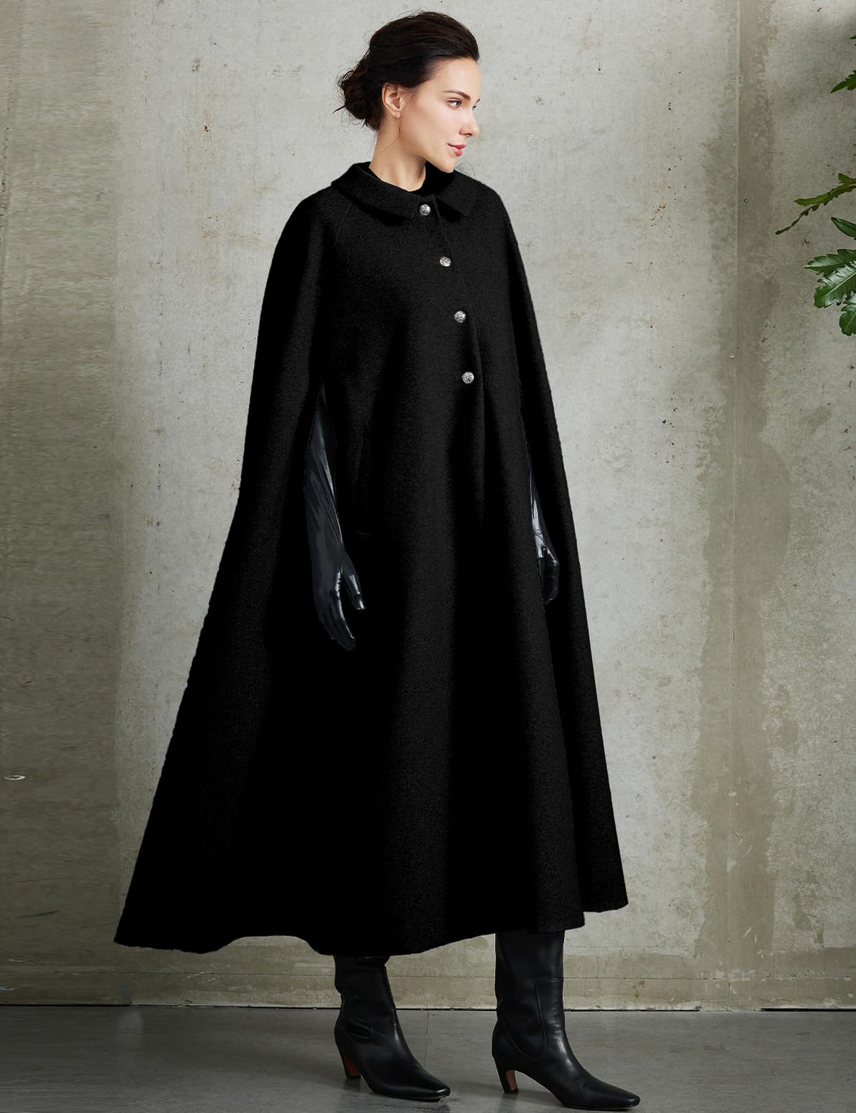 Women Wool Blend Single-Breasted Cape Coat Vintage Jacket Outwear with Pockets for Fall Winter