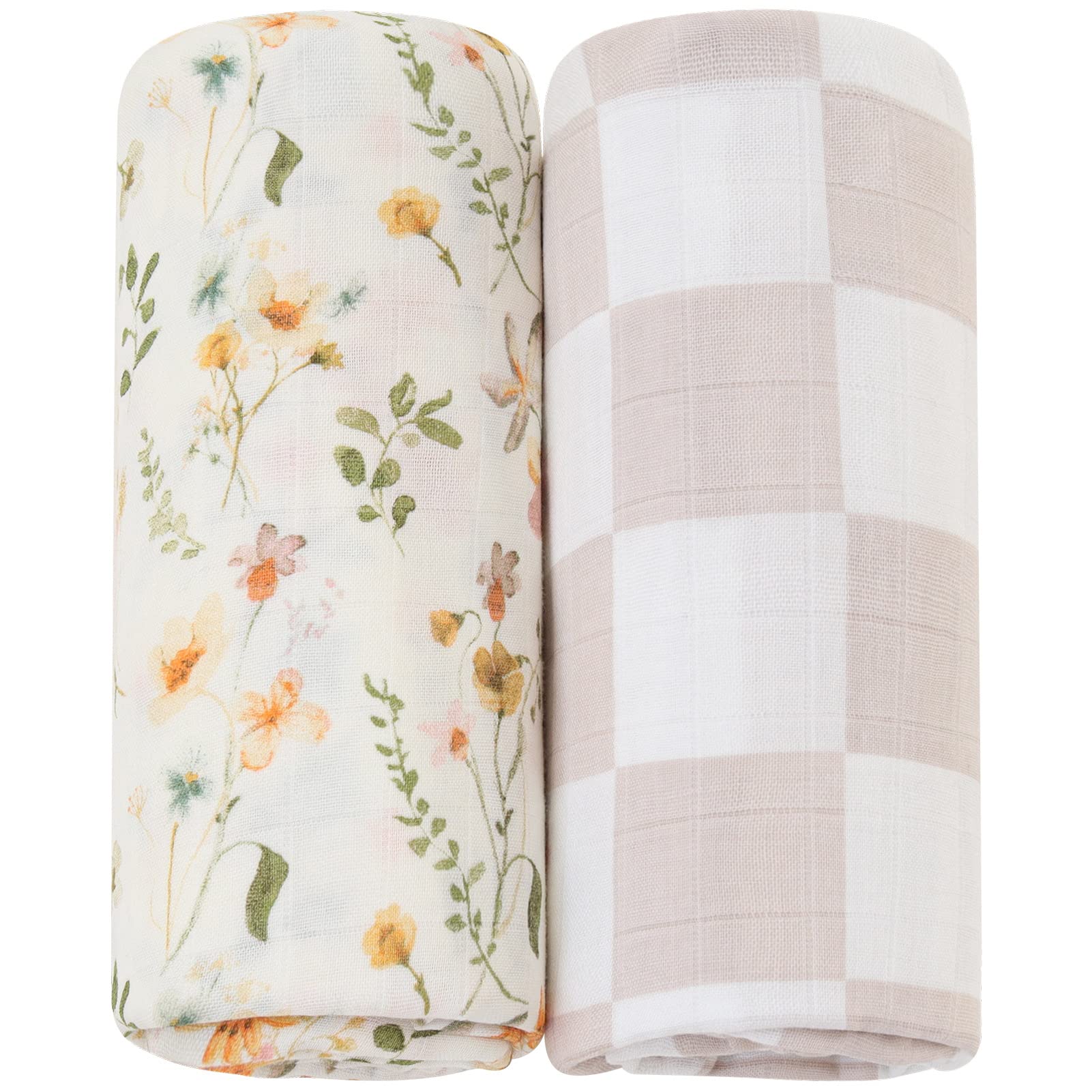 LifeTree Muslin Swaddle Blankets, Baby Swaddling Wrap Nursery Blanket Unisex, Soft 70% Viscose from Bamboo and 30% Cotton, Large 47 x 47 inches, Bear & Checkered Swaddle Blanket