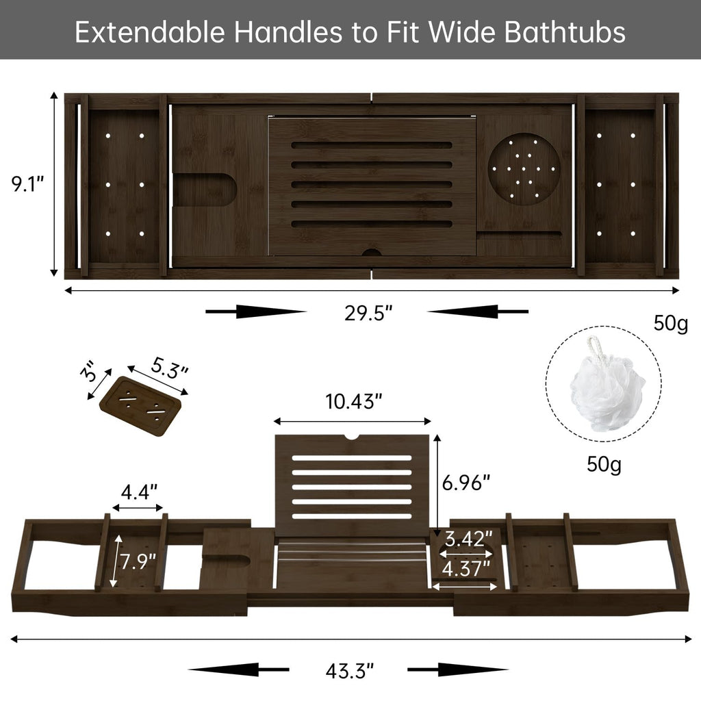 Zhuoyue Bamboo Bathtub Tray, Expandable Premium Bath Tray for Luxury Bathroom, Adjustable Bath Accessories for Tub with Soap Towel Book Holder, Extendable 29.5-43.3" White