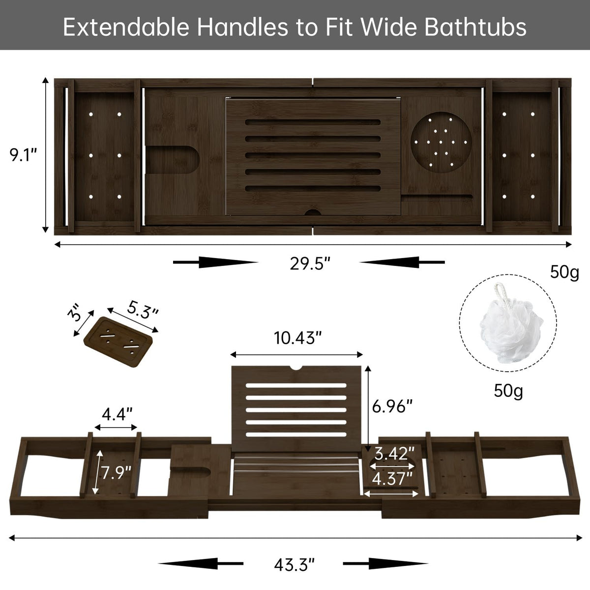 Zhuoyue Bamboo Bathtub Tray, Expandable Premium Bath Tray for Luxury Bathroom, Adjustable Bath Accessories for Tub with Soap Towel Book Holder, Extendable 29.5-43.3" White