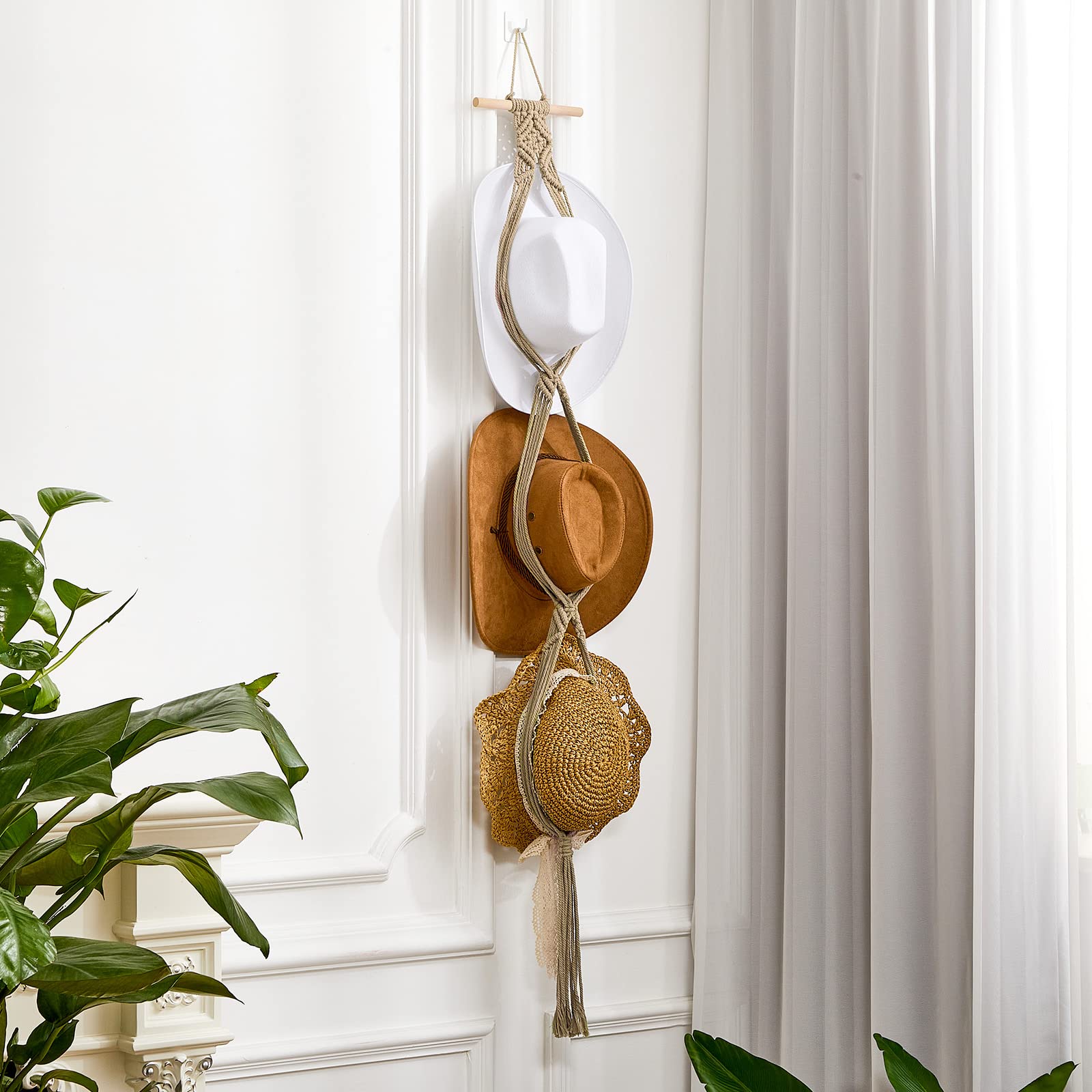 Yulejo Macrame Hat Hangers Boho Hat Rack for Wall Western Cowboy Hanging Organizer for Door Wall Room Bedroom