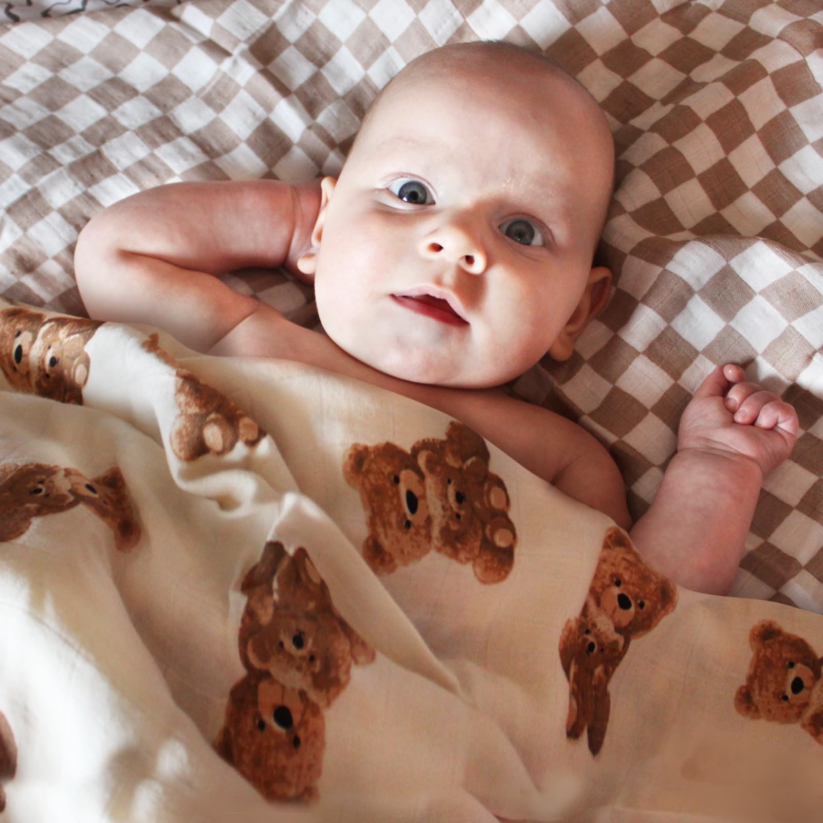 LifeTree Muslin Swaddle Blankets, Baby Swaddling Wrap Nursery Blanket Unisex, Soft 70% Viscose from Bamboo and 30% Cotton, Large 47 x 47 inches, Bear & Checkered Swaddle Blanket