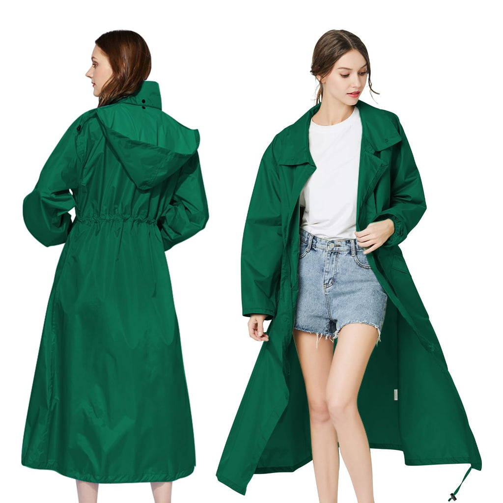 LAMA Womens Long Raincoats Rain Jacket Waterproof Packable Hooded Windbreaker Lightweight Adjustable Waist for Outdoor