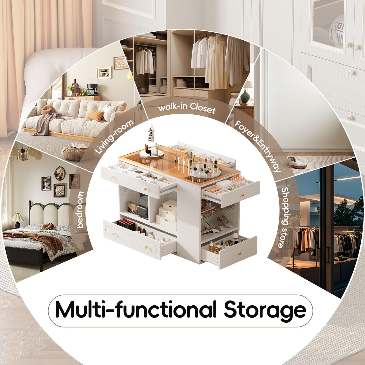 Closet Island with Glass Top and 6 Drawers, Walnut & White Bedroom Storage Island with Open Shelves, Walk-in Wardrobe Dresser Cabinet for Closet, Fitting Room, or Retail Display,White
