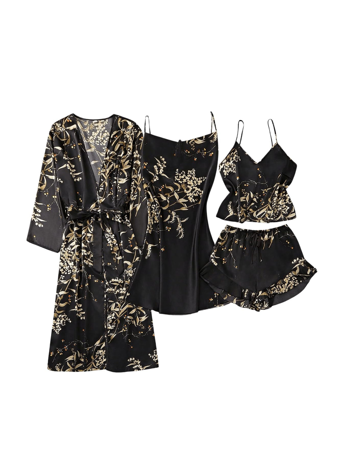 GORGLITTER Women's 5 Piece Floral Print Satin Pajama Set Nightgown Robe Cami Shorts Sleepwear with Storage Bag