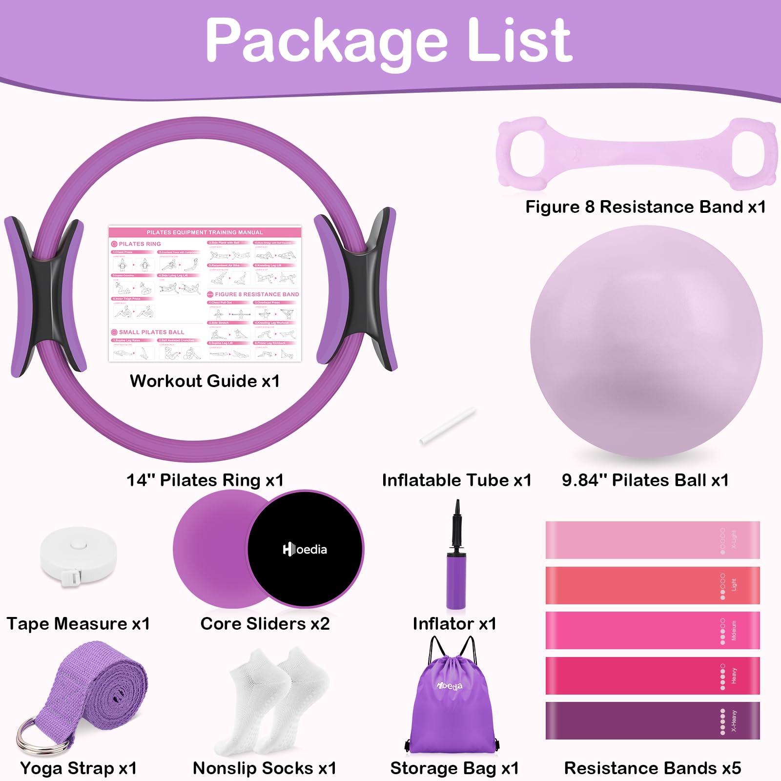 Hoedia 17 PCS Pilates Kit for Women, Pilates Equipment Ring and Ball Set with Resistance Bands, Yoga Strap, Core Sliders, Socks, Bag & Guide for Starter Home Workout Fitness Gym Essentials