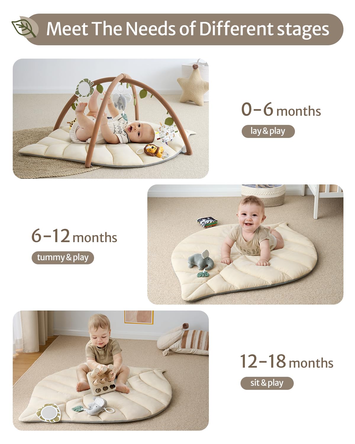 Blissful Diary Baby Play Gym & Activity Mat, Oversize Leaf Shaped Baby Play Mat w 6 Detachable Toys, Tummy Time Mat Promote Motor Skills & Sensory Development Mat, Newborn Infant Baby Essentials Gift