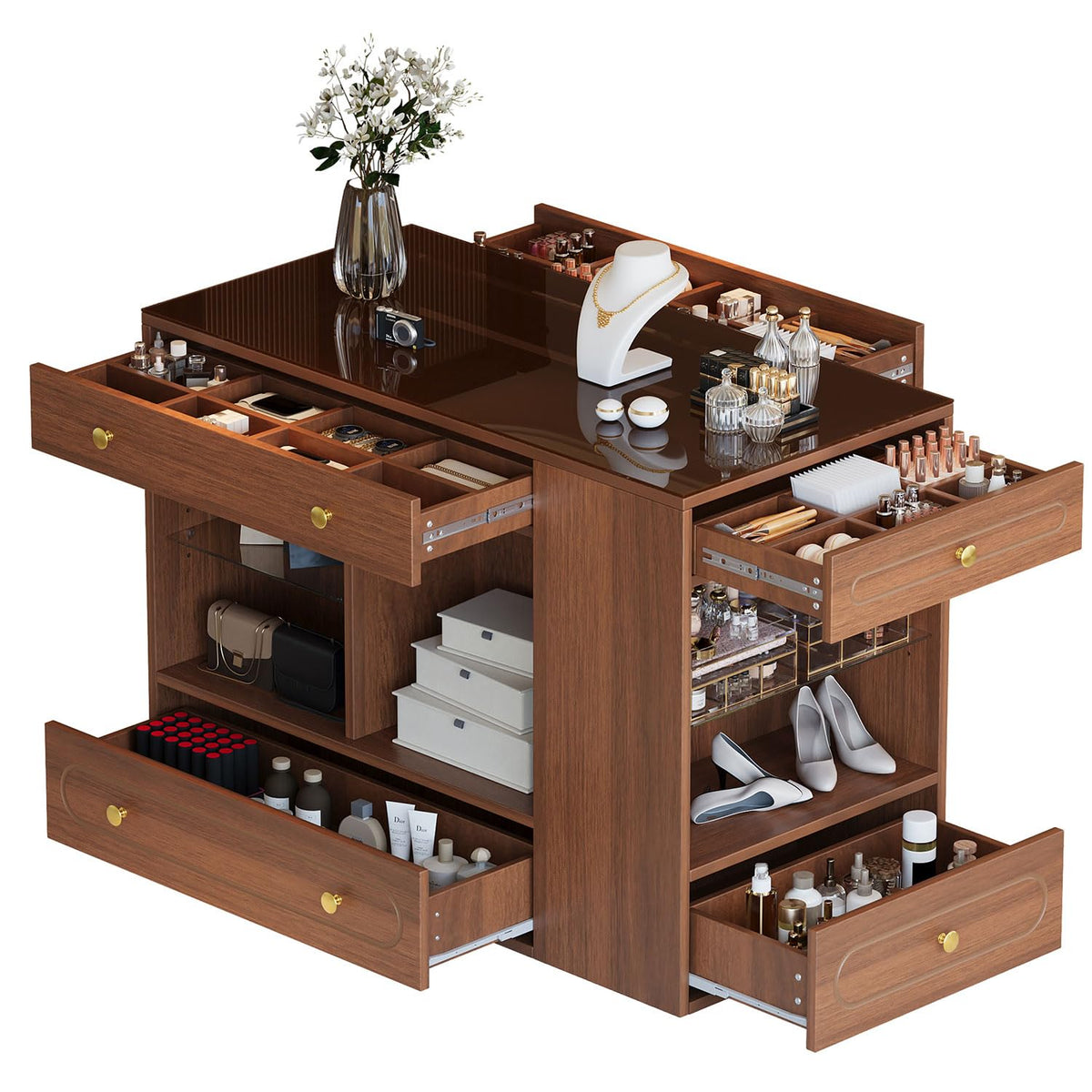 Closet Island with Glass Top and 6 Drawers, Walnut & White Bedroom Storage Island with Open Shelves, Walk-in Wardrobe Dresser Cabinet for Closet, Fitting Room, or Retail Display,White