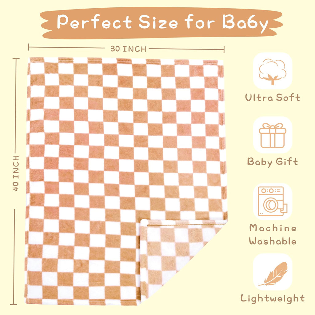 Yurhap Checkered Baby Blanket Fleece Baby Blankets Neutral for Boys Girls, Super Soft Warm Lightweight Infant Toddler Newborn Receiving Blankets for Crib Stroller, 30''x40'', Khaki