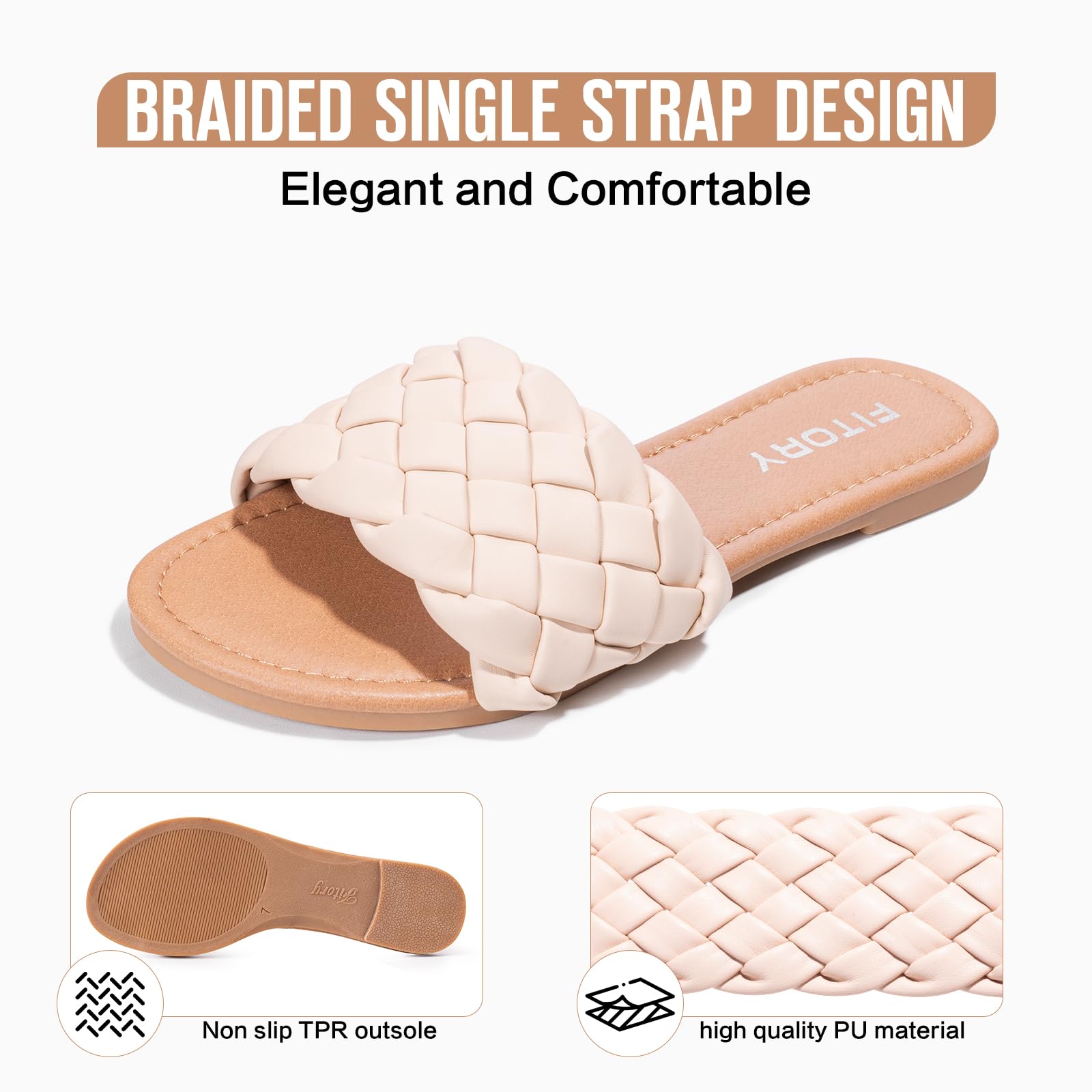 FITORY Womens Flat Sandals Fashion Round Open Toe Slip On Slides with Braided Strap Slippers for Summer Size 6-11