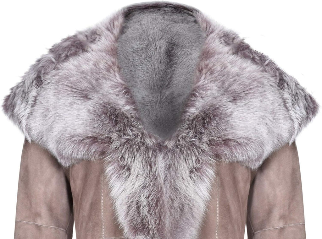 Taupe Full Length Hooded Ladies Suede Toscana Sheepskin Leather Trench Coat