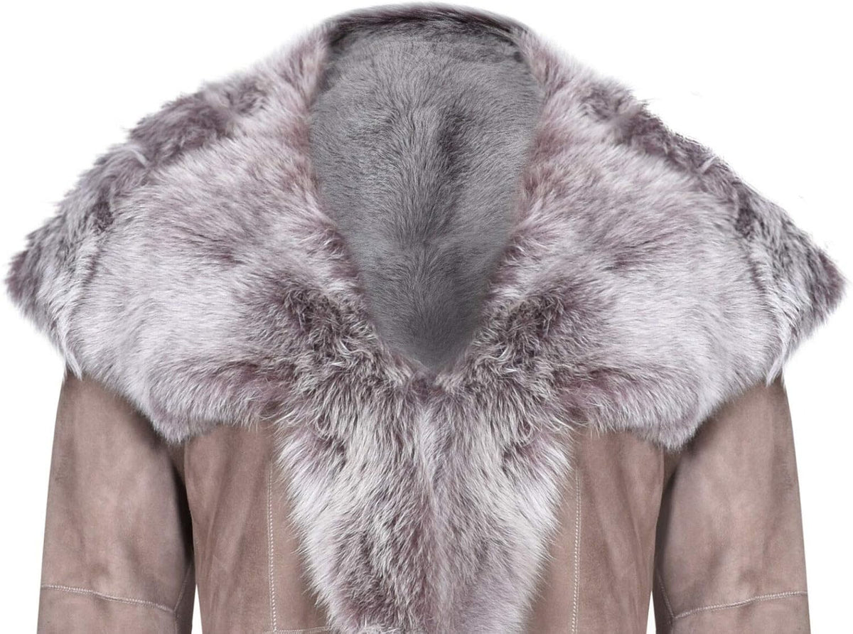 Taupe Full Length Hooded Ladies Suede Toscana Sheepskin Leather Trench Coat