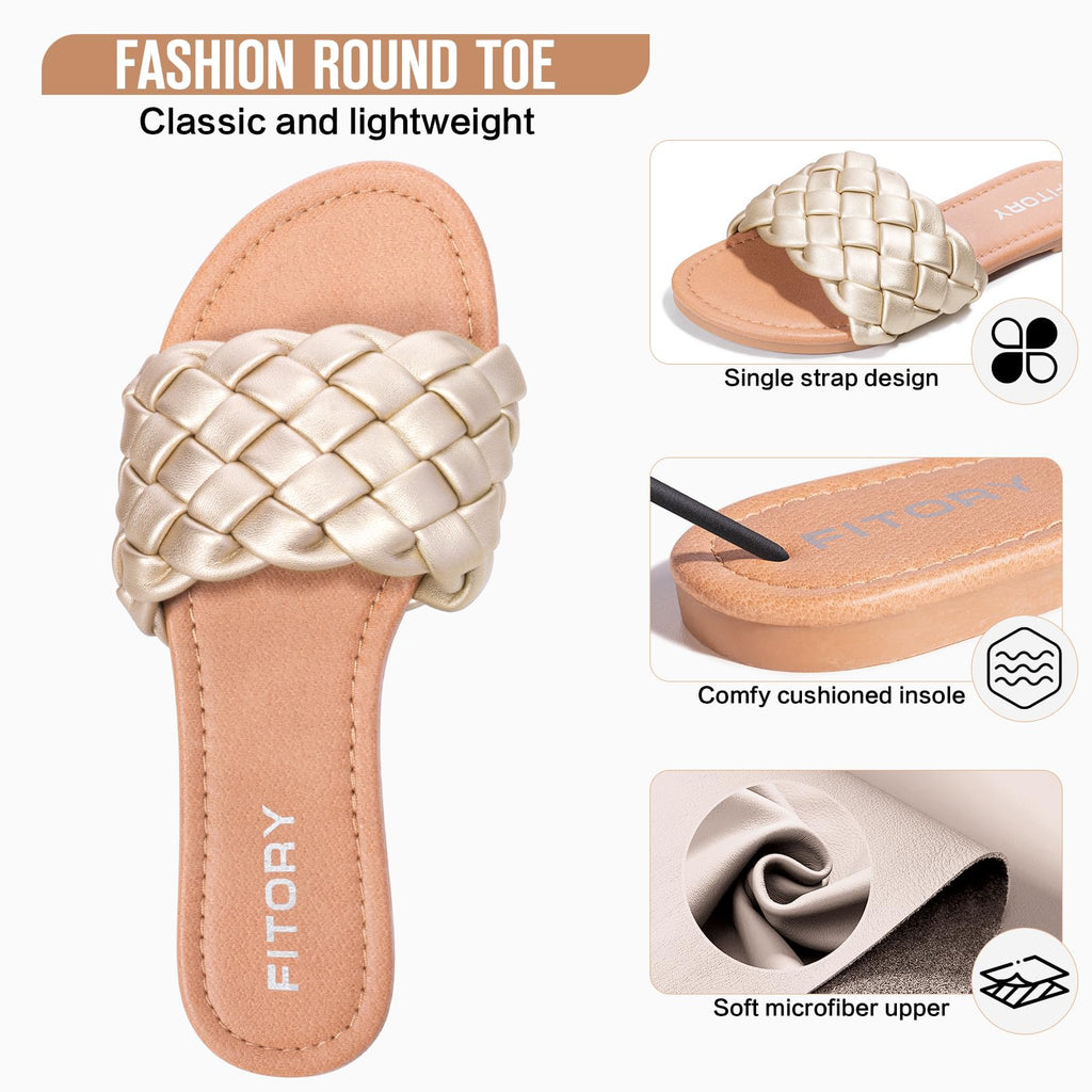 FITORY Womens Flat Sandals Fashion Round Open Toe Slip On Slides with Braided Strap Slippers for Summer Size 6-11