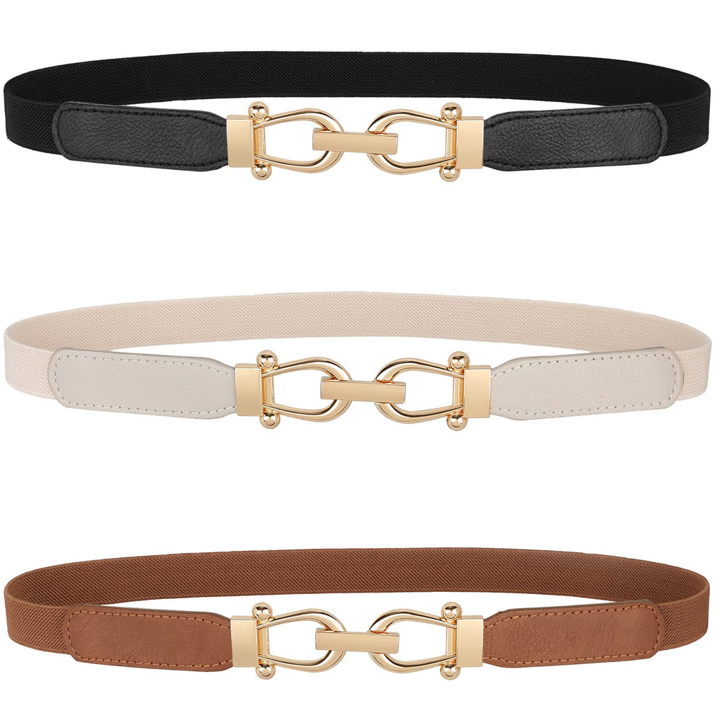 JASGOOD Women Skinny Elastic Belt for Dresses,Thin Retro Stretch Waist Belt with Golden Buckle