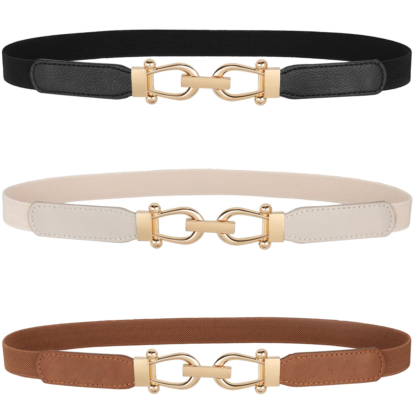 JASGOOD Women Skinny Elastic Belt for Dresses,Thin Retro Stretch Waist Belt with Golden Buckle