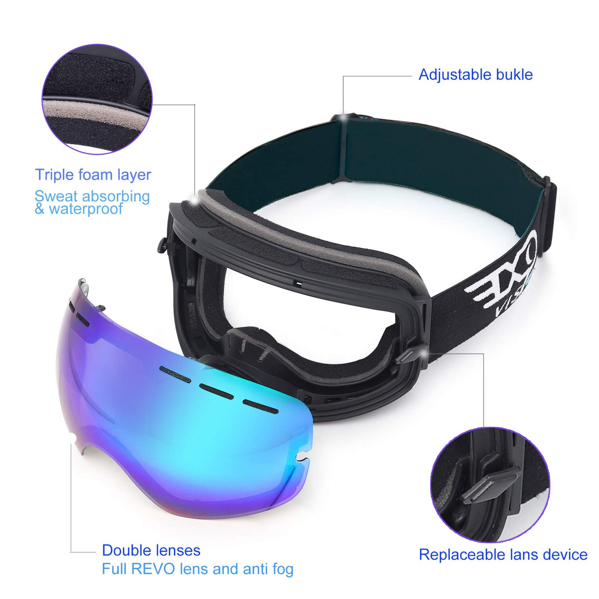EXP VISION Snowboard Ski Goggles Men Women Youth, Anti Fog OTG Winter Snow Goggles Spherical Detachable Lens