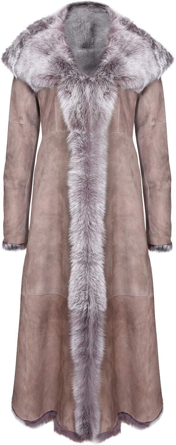 Taupe Full Length Hooded Ladies Suede Toscana Sheepskin Leather Trench Coat