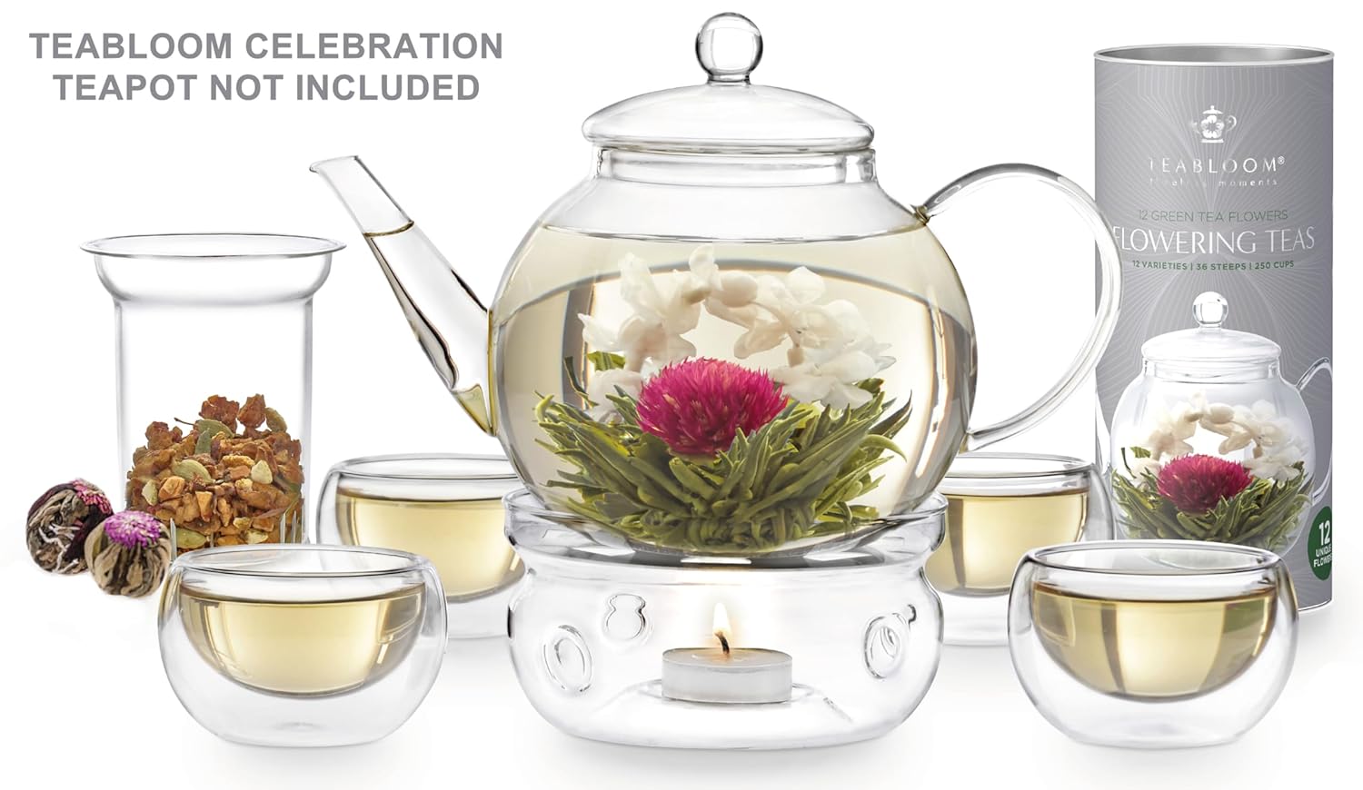 Teabloom Flowering Tea - 12 Unique Varieties of Fresh Blooming Tea Flowers - Hand-Tied Natural Green Tea Leaves & Edible Flowers - 12-Pack Gift Canister - 36 Steeps, Makes 250 Cups