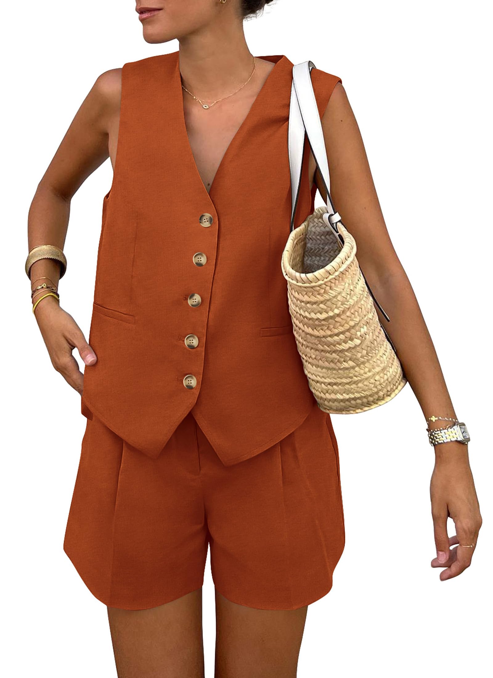 PRETTYGARDEN Women's Summer 2 Piece Outfits Sleeveless Matching Sets Button Down V Neck Vest Waistcoat and Pockets Shorts