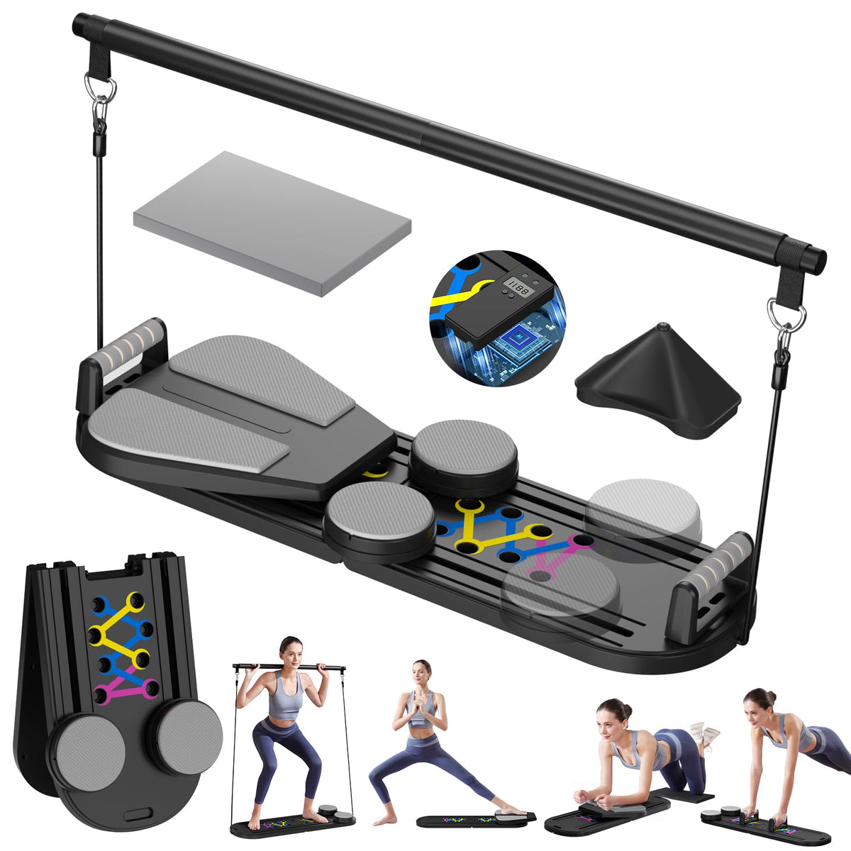 Pilates Reformer, Foldable Pilates Board, 7-in-1 Multi-Function Pilates Equipment, Home Pilates Set, Full Body Workout, Universal Portable Gym Equipment for Core Strength and Pilates Training