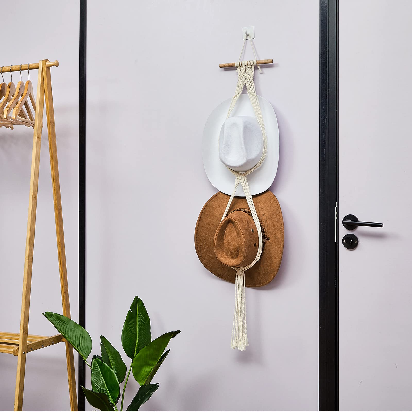 Yulejo Macrame Hat Hangers Boho Hat Rack for Wall Western Cowboy Hanging Organizer for Door Wall Room Bedroom