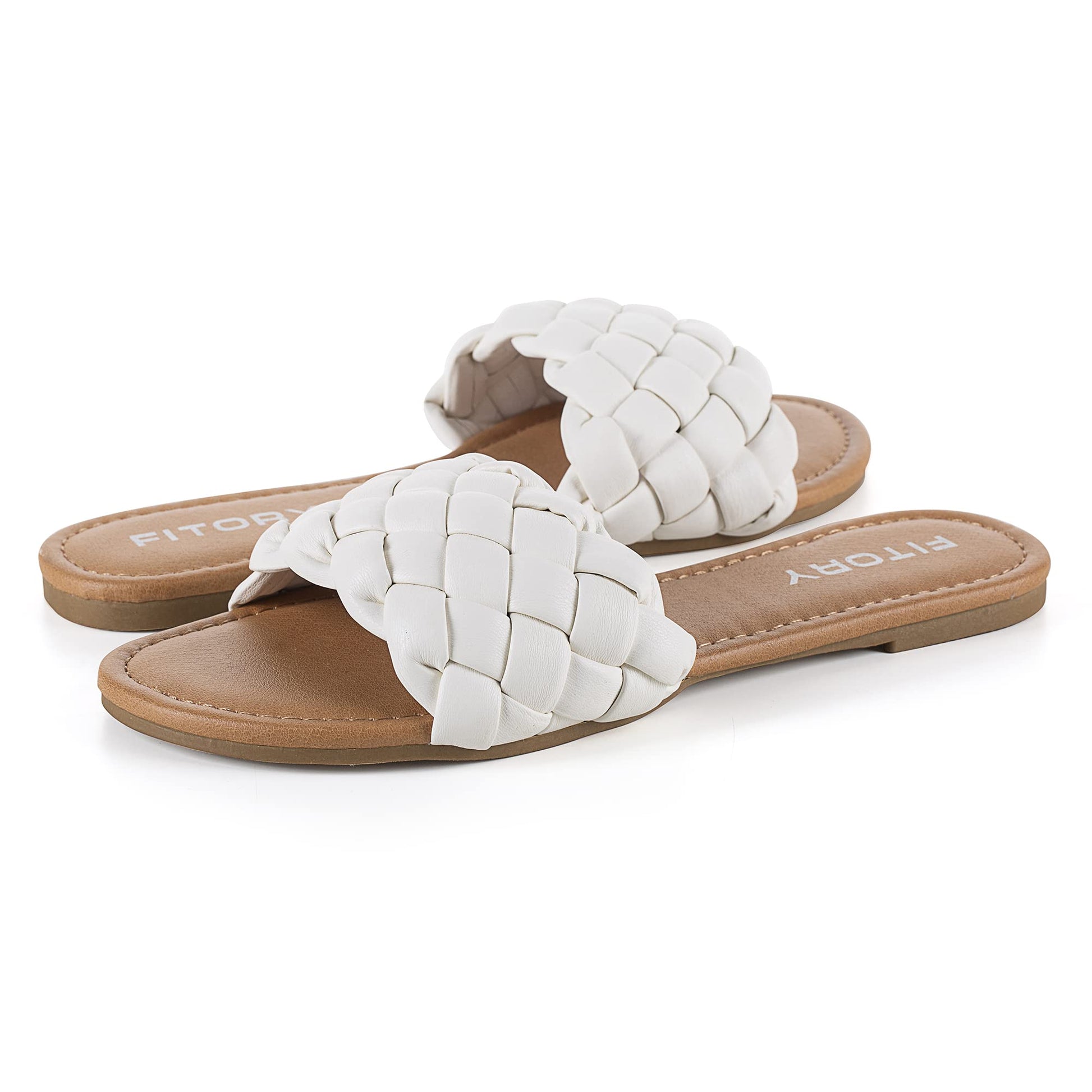 FITORY Womens Flat Sandals Fashion Round Open Toe Slip On Slides with Braided Strap Slippers for Summer Size 6-11