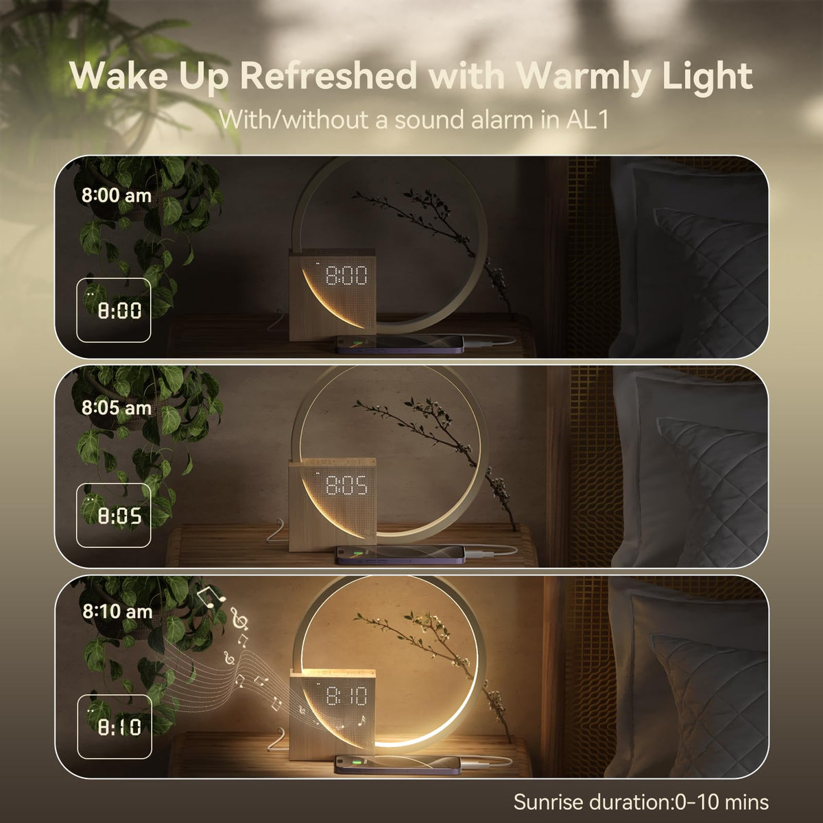 Vivilumens Sunrise Alarm Clock for Heavy Sleepers Adults, Wake-up Light, Sleep Aid 10 White Noise Sound Machines with 30/60/90 Timer, 3 Level Dimmable Touch Table Lamp with Snooze USB Charger Port