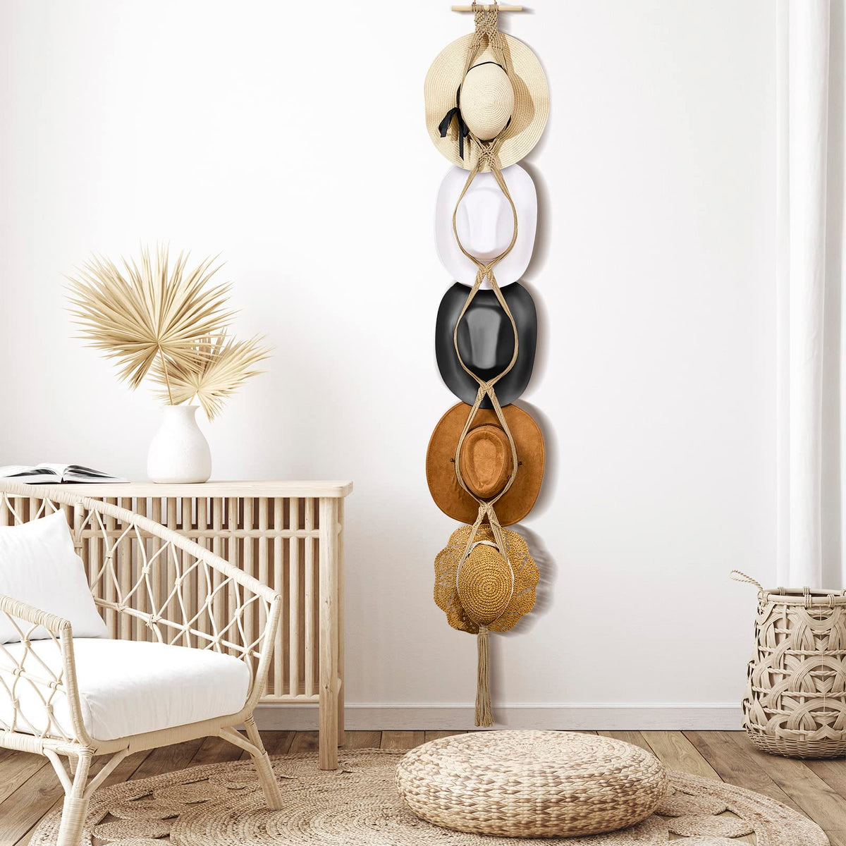 Yulejo Macrame Hat Hangers Boho Hat Rack for Wall Western Cowboy Hanging Organizer for Door Wall Room Bedroom