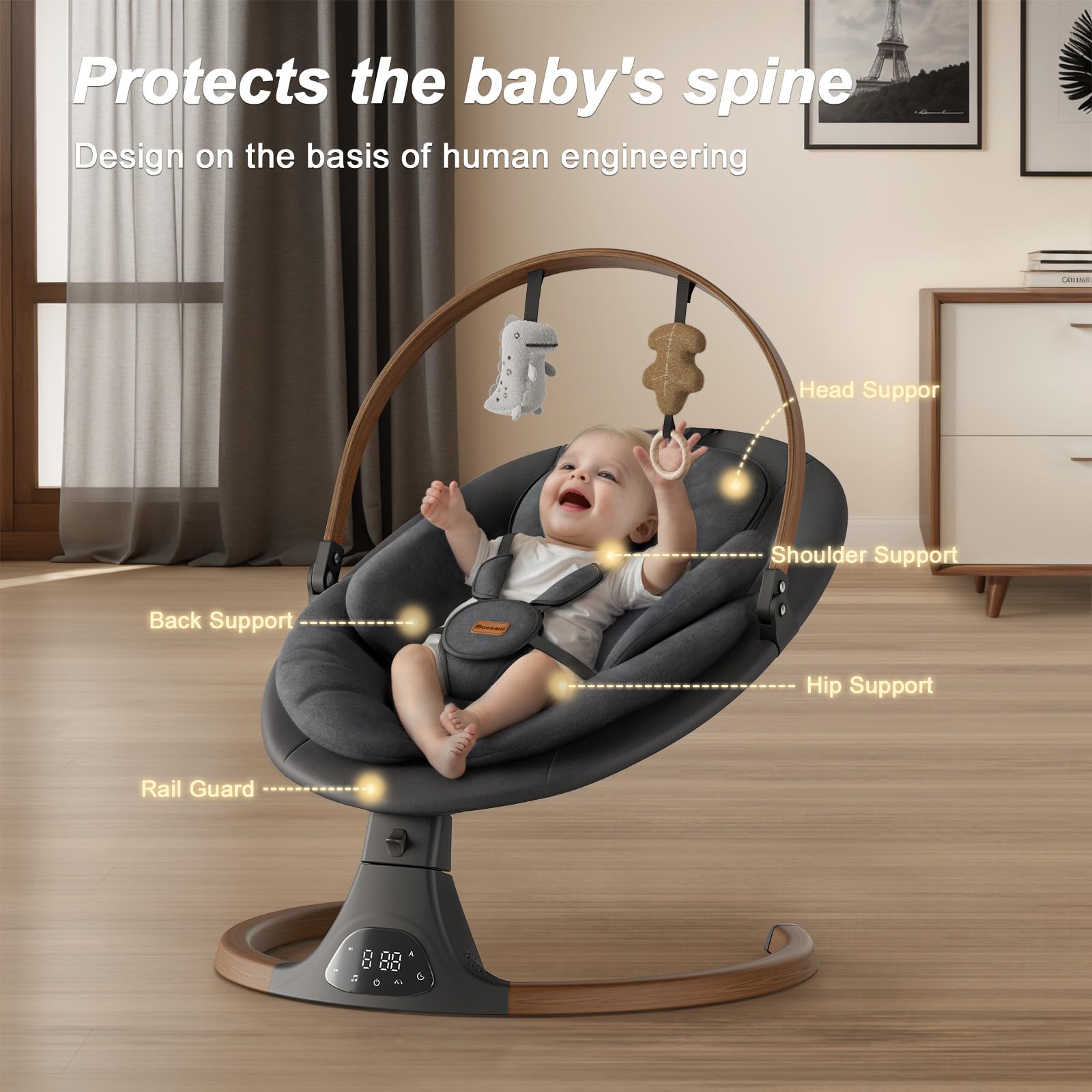 Baby Swings for Infants, Monamii Baby Swing, Infant Swing with 5 Speeds, 10 Lullabies, Electric Swing for Baby, Indoor & Outdoor Use (Beige)