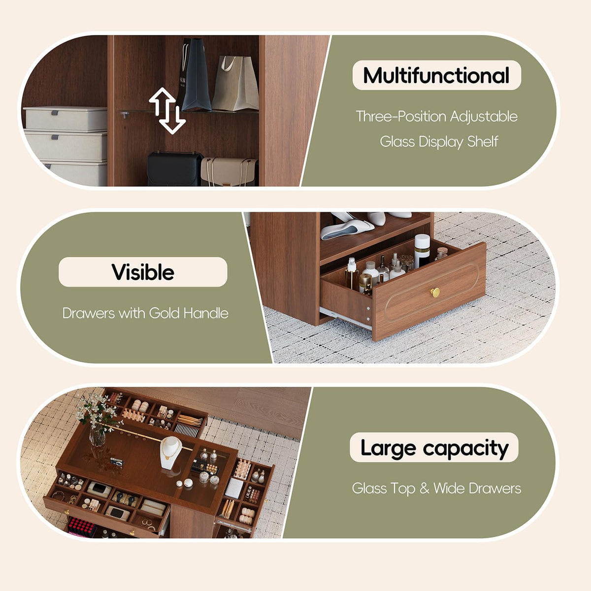 Closet Island with Glass Top and 6 Drawers, Walnut & White Bedroom Storage Island with Open Shelves, Walk-in Wardrobe Dresser Cabinet for Closet, Fitting Room, or Retail Display,White