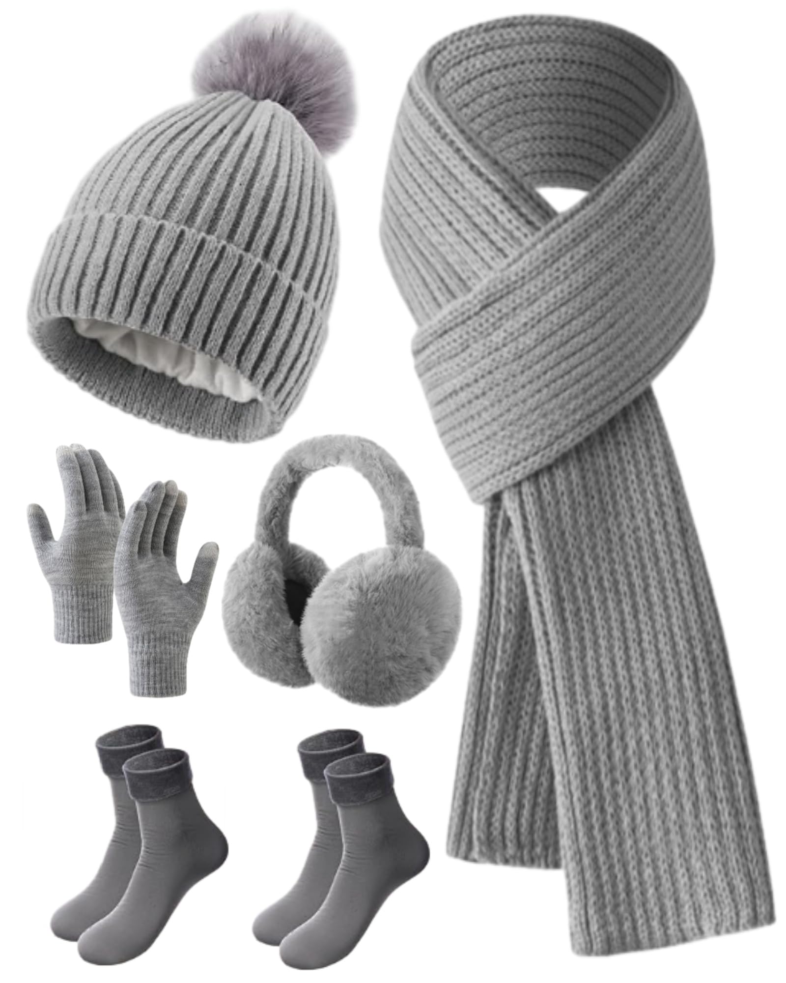Geyoga 6 Pcs Winter Warm Set for Women Warm Beanies Hats Touchscreen Gloves Long Scarf Ear Muffs Socks Winter Gifts for Women
