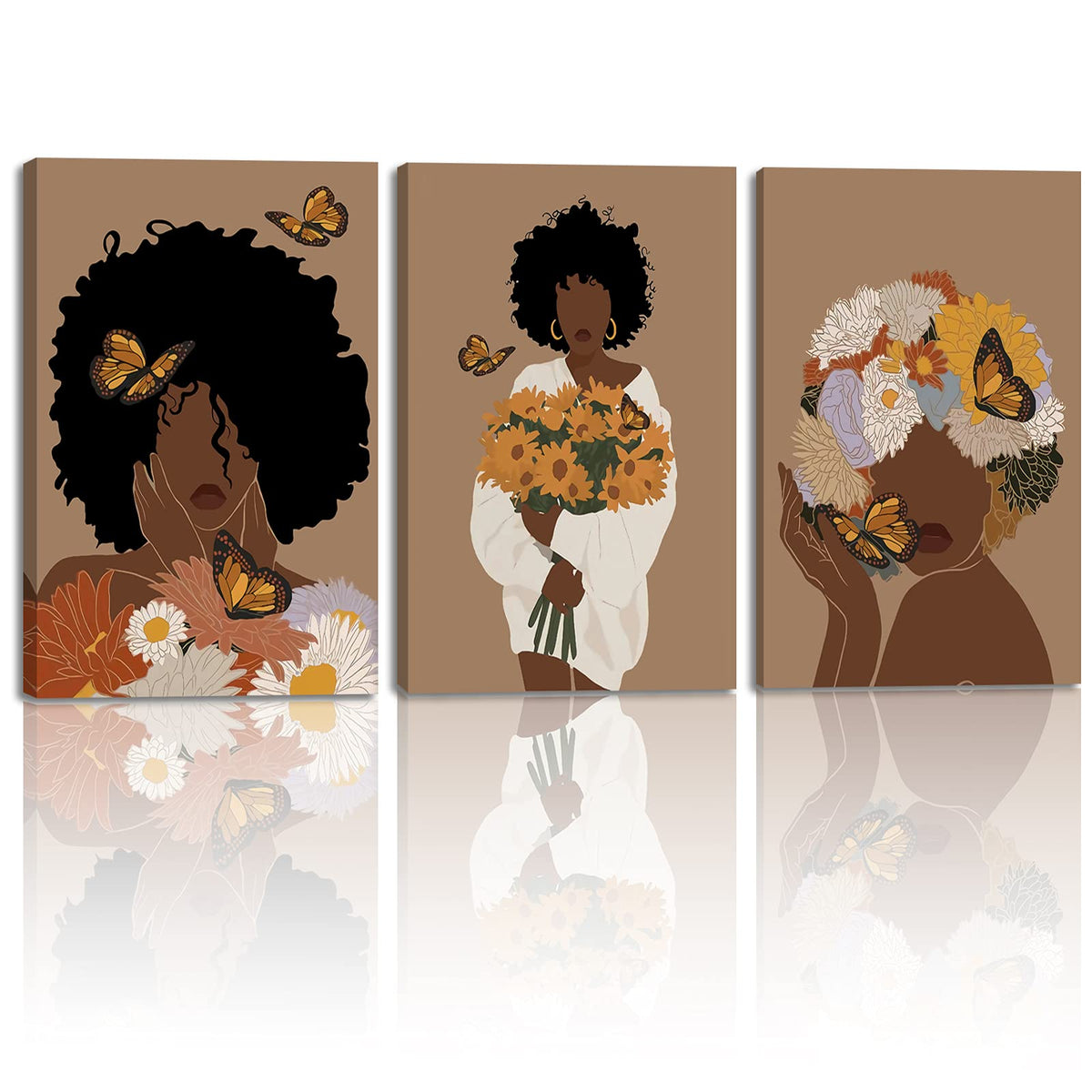 Framed Abstract African American Black Woman Canvas Wall Art, Boho Fashion Flower Art print, Black Women Bedroom Home Decor, Black Girl Poster