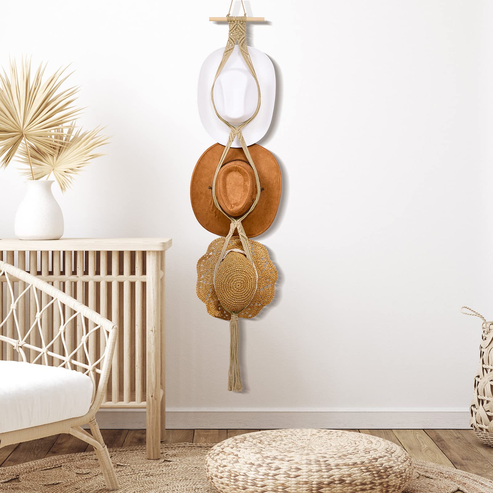 Yulejo Macrame Hat Hangers Boho Hat Rack for Wall Western Cowboy Hanging Organizer for Door Wall Room Bedroom