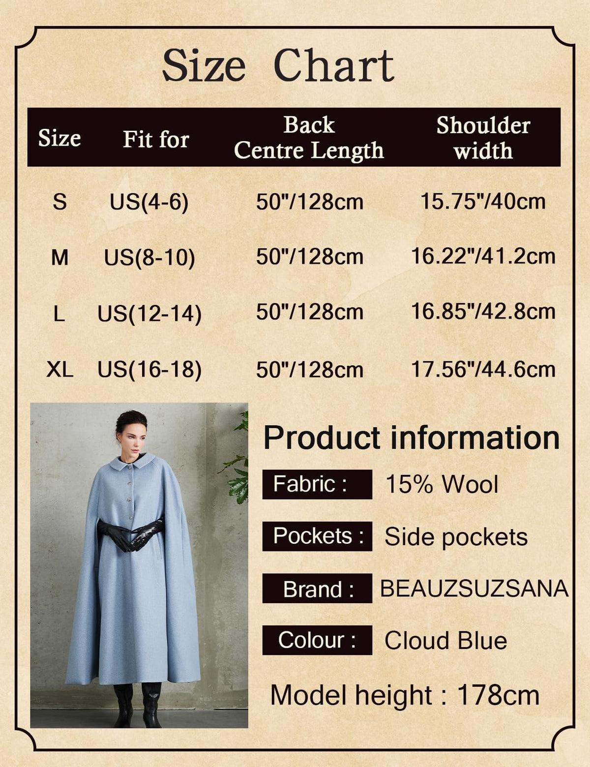 Women Wool Blend Single-Breasted Cape Coat Vintage Jacket Outwear with Pockets for Fall Winter