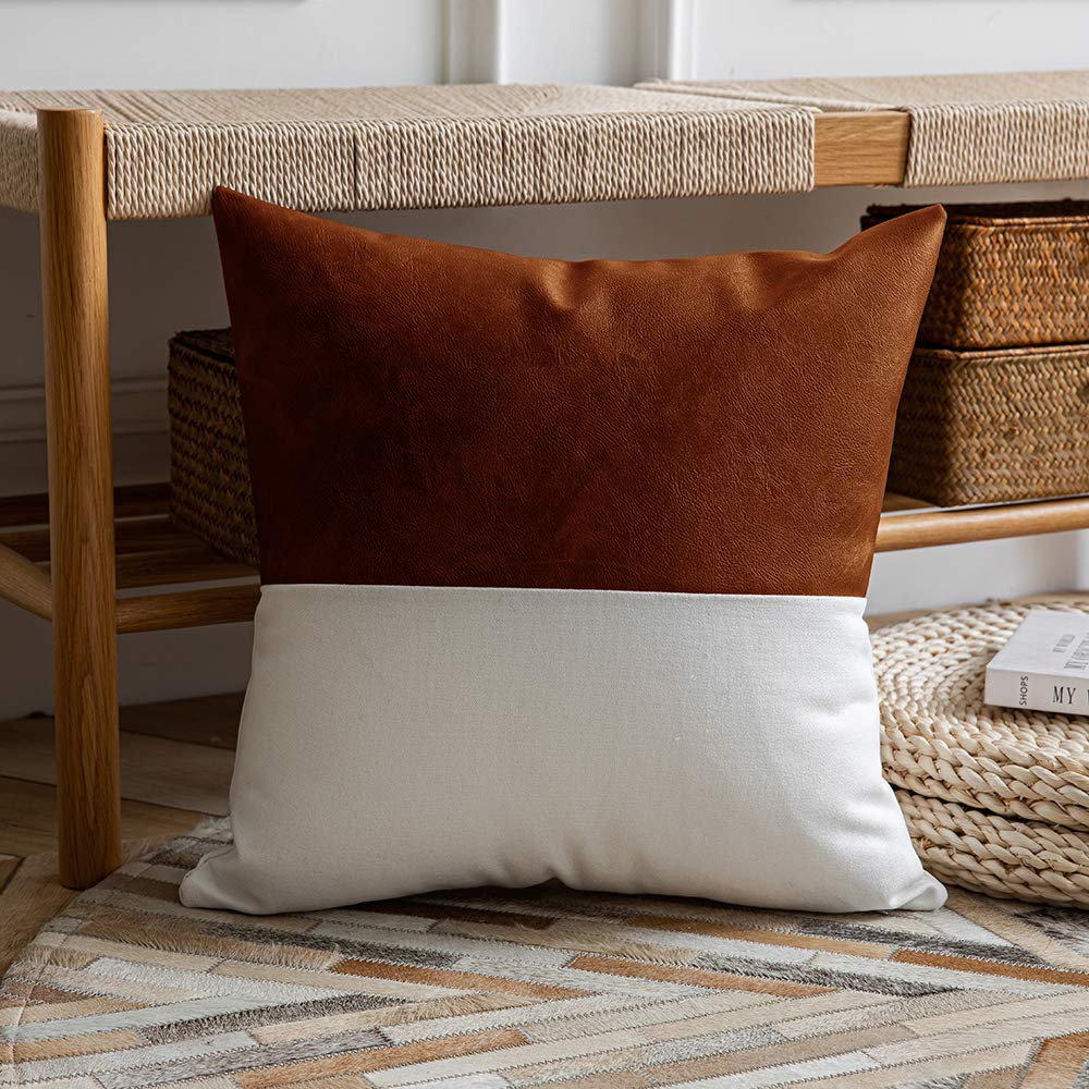 DEZENE Leather Throw Pillow Covers, Set of 2 Modern Leather/Cotton Decorative Pillowcases for Home Decor Bedroom Living Room Couch Bed Sofa, 18x18 Inch, Cognac-Brown and White