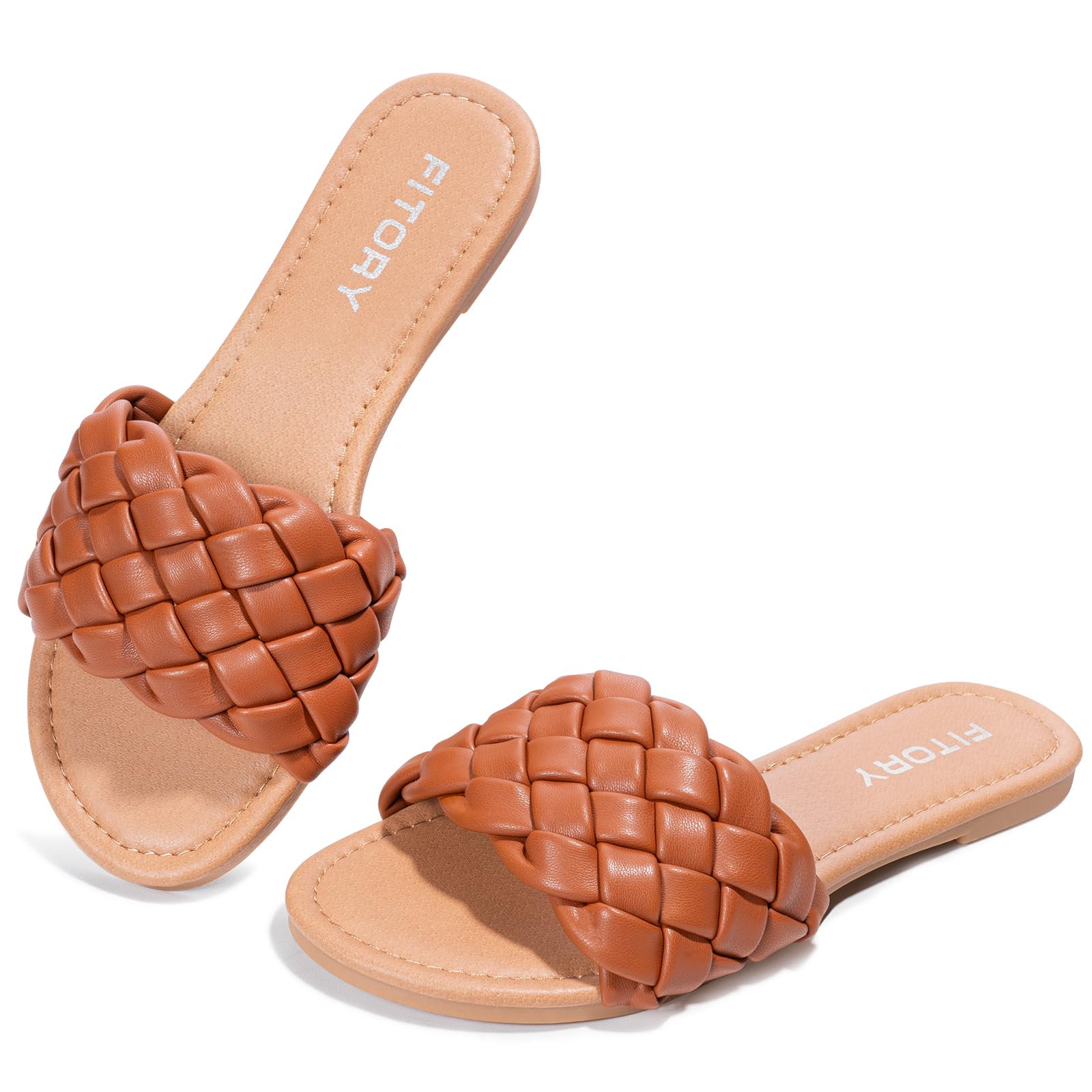 FITORY Womens Flat Sandals Fashion Round Open Toe Slip On Slides with Braided Strap Slippers for Summer Size 6-11