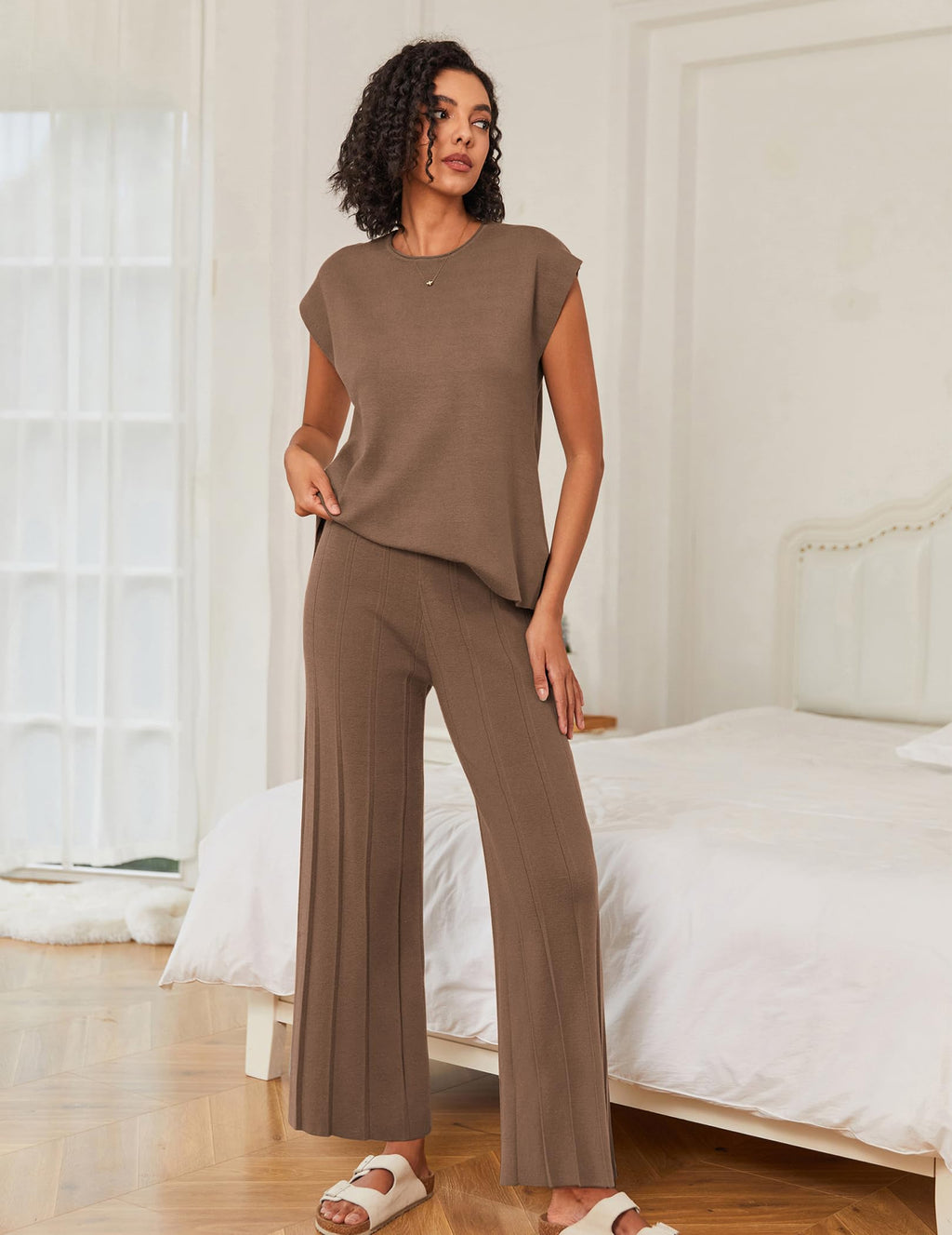 Ekouaer Lounge Sets for Women Two Piece Outfits Knit Cap Sleeve Tops Wide Leg Pleated Pants Casual Dressy Sweater Sets