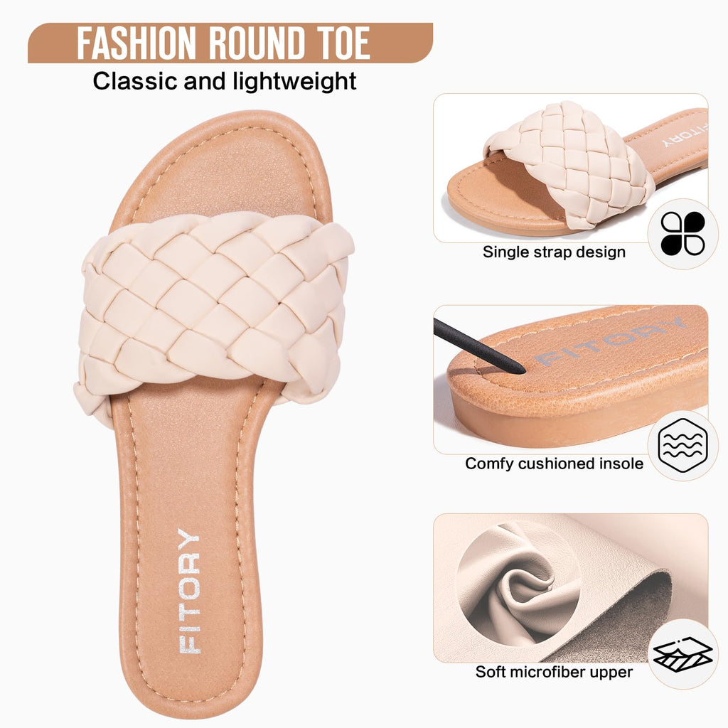 FITORY Womens Flat Sandals Fashion Round Open Toe Slip On Slides with Braided Strap Slippers for Summer Size 6-11