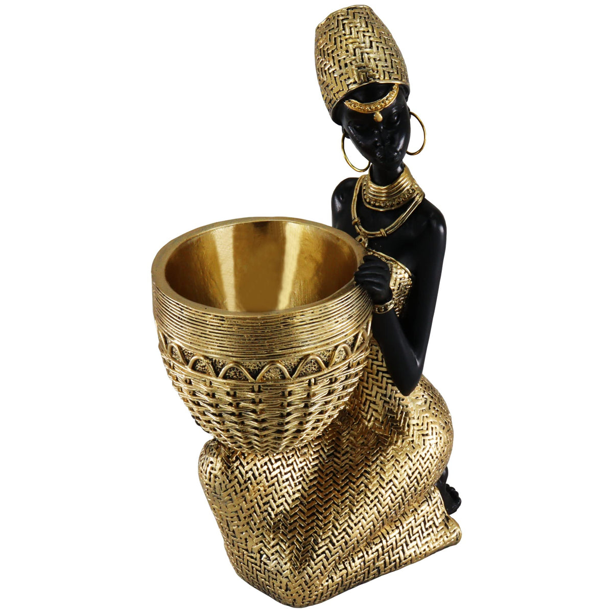 Handmade African Tribal Woman Sculpture - Gold Adorned Seated Figure with Basket, Vintage Resin Statue for Home Decor, Unique Housewarming Gift for Shelf/Table (9.65" H)