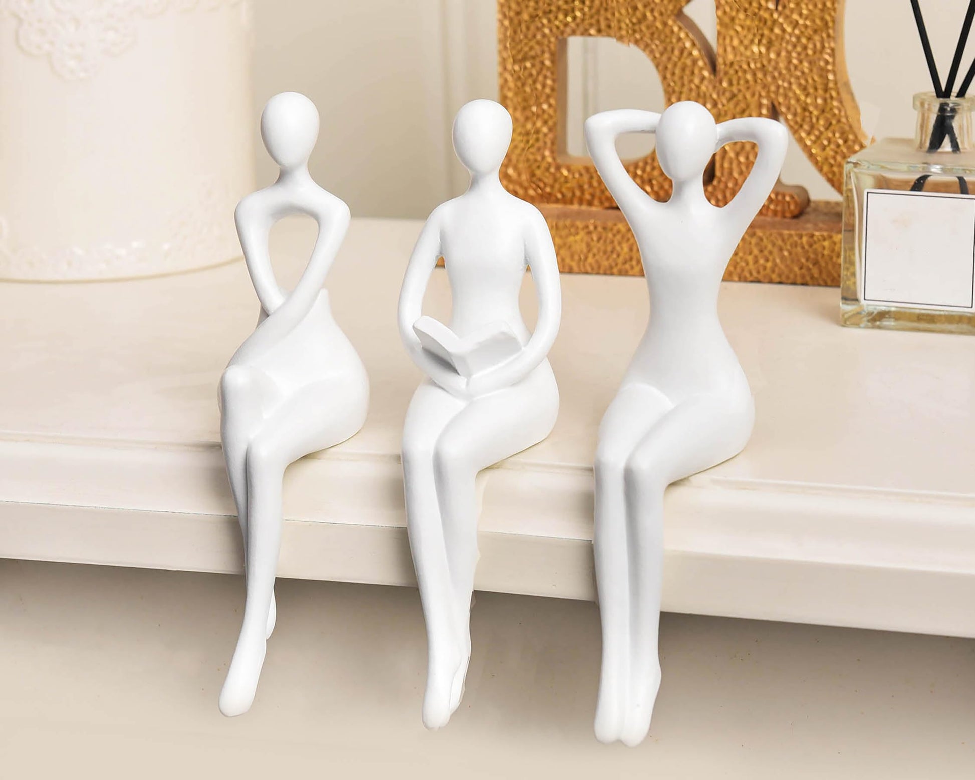 Quoowiit Gold Decor Thinker Statue Decor Book Shelf Decor, Abstract Statue Ornament Office Decor Modern Home Decor Decorations for Living Room Collectable Figurines Coffee Table Decor 3 Piece