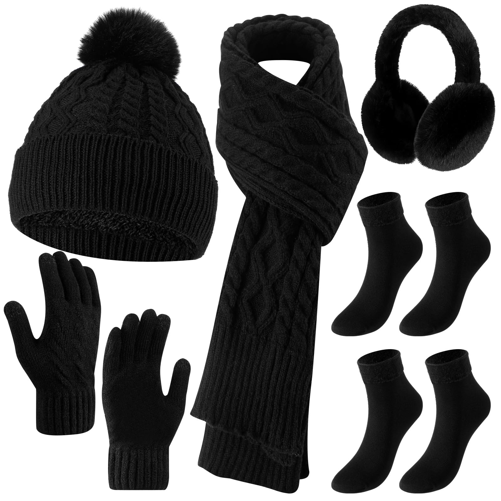 Geyoga 6 Pcs Winter Warm Set for Women Warm Beanies Hats Touchscreen Gloves Long Scarf Ear Muffs Socks Winter Gifts for Women