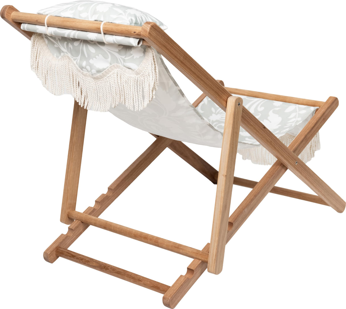 One Kings Lane Sage Green/White Flora Lounge Sling Beach Chair - Lightweight Outdoor Folding Chair with Fringe for Camping, Lake, Patio, Sports