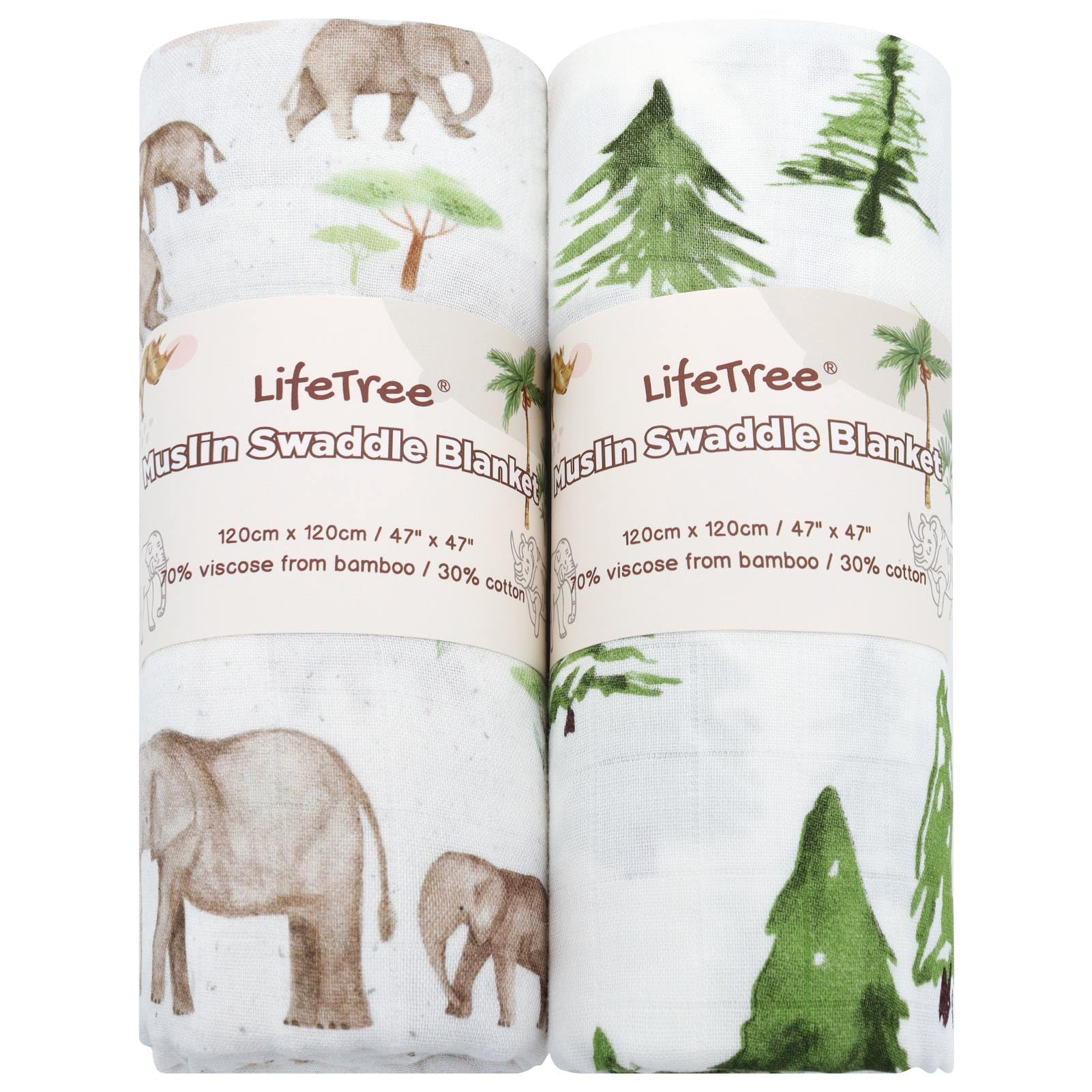 LifeTree Muslin Swaddle Blankets, Baby Swaddling Wrap Nursery Blanket Unisex, Soft 70% Viscose from Bamboo and 30% Cotton, Large 47 x 47 inches, Bear & Checkered Swaddle Blanket