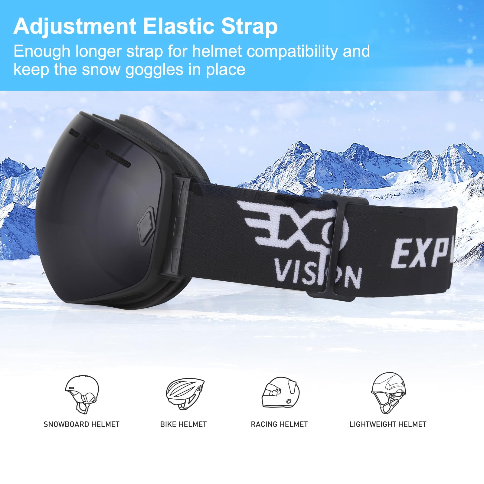 EXP VISION Snowboard Ski Goggles Men Women Youth, Anti Fog OTG Winter Snow Goggles Spherical Detachable Lens