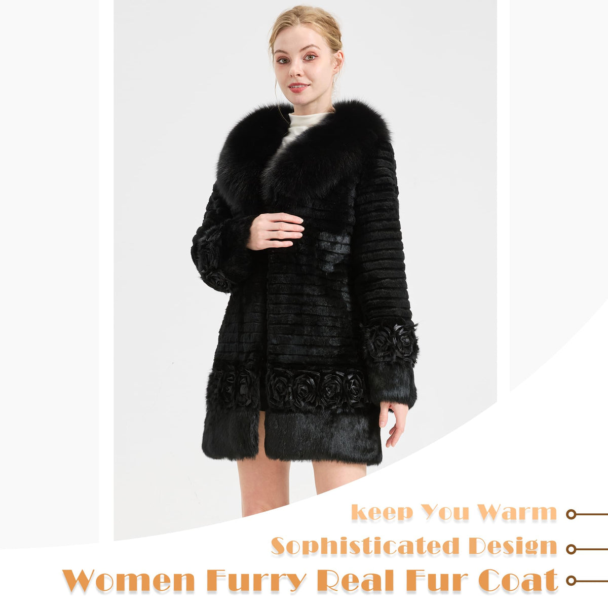 Women's Real Rabbit Fur Coat Furry Long Jacket Winter Warm Outerwear Fox Fur Collar Flower Decoration