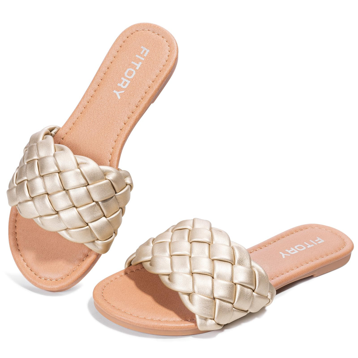 FITORY Womens Flat Sandals Fashion Round Open Toe Slip On Slides with Braided Strap Slippers for Summer Size 6-11