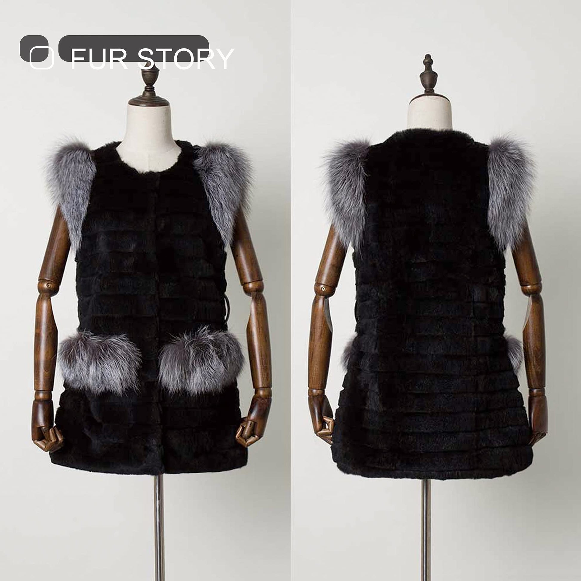 Fur Story Women's Genuine Rabbit Fur Coat With Fox Fur Cuffs Warm Winter Coat Black Long Jacket