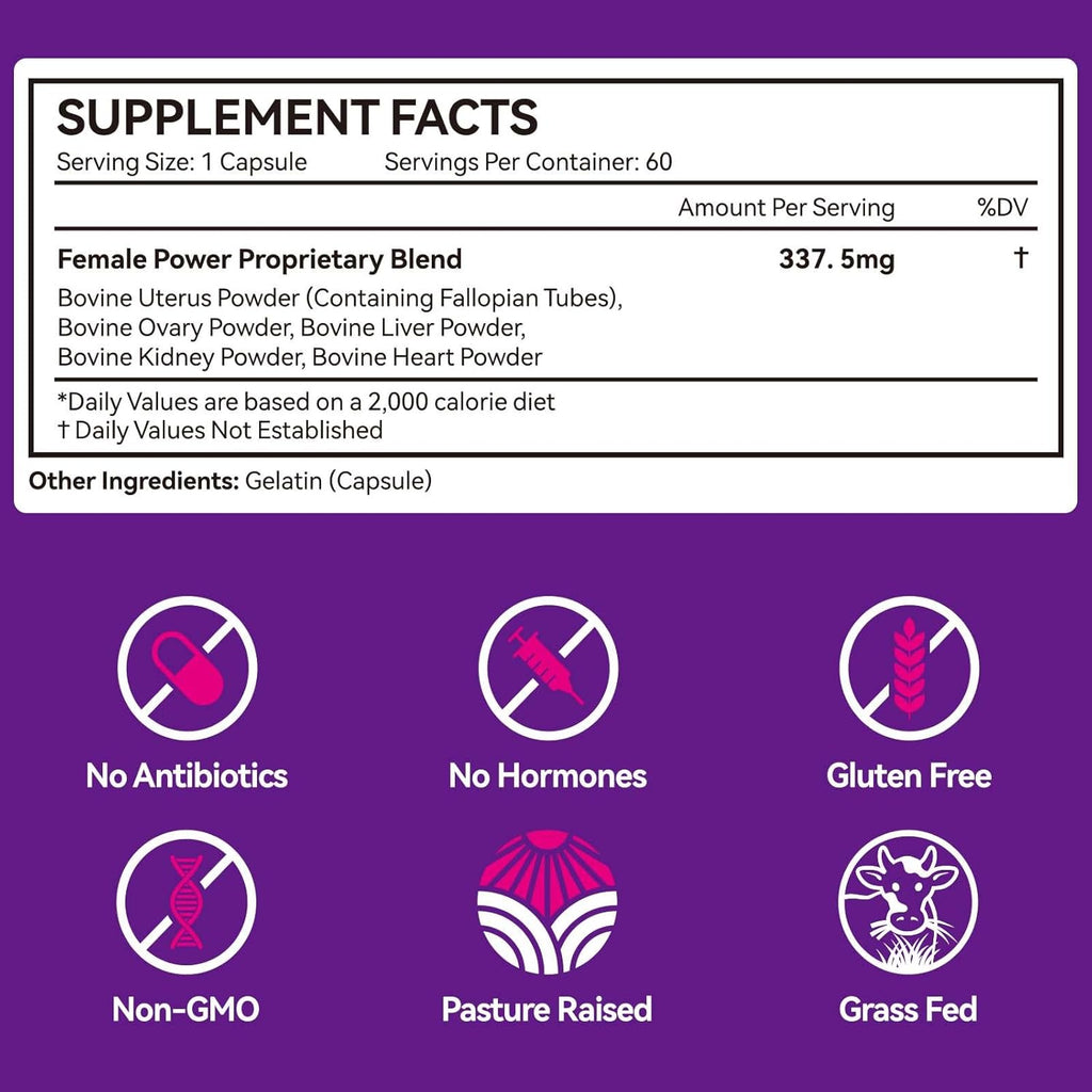 Beef Organ Supplement for Women with Beef Liver, Kidney, Heart and Uterus Tissue, Supports Women's Overall Wellness, Hormone Balance, Energy, Skin Health, 100% Grass Fed, Non-GMO, 60 Capsules